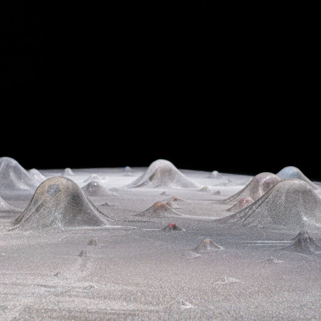 Cildo Meireles, Glove Trotter, 1991, [detalhe], malha de aço, bolas de vários tamanhos, cores e materiais, 25x520x420 cm.​ Foto: William Gomes