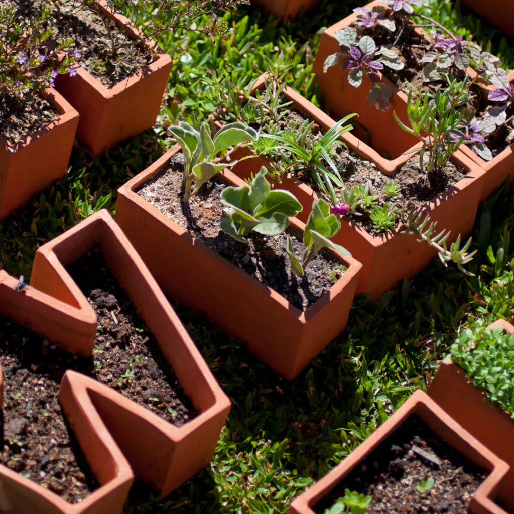 Marilá Dardot, A origem da obra de arte, 2002, [detalhe], 150 vasos de cerâmica em forma de letras, terra, sementes e instrumentos de jardinagem, dimensões variáveis. Foto: Pedro Motta