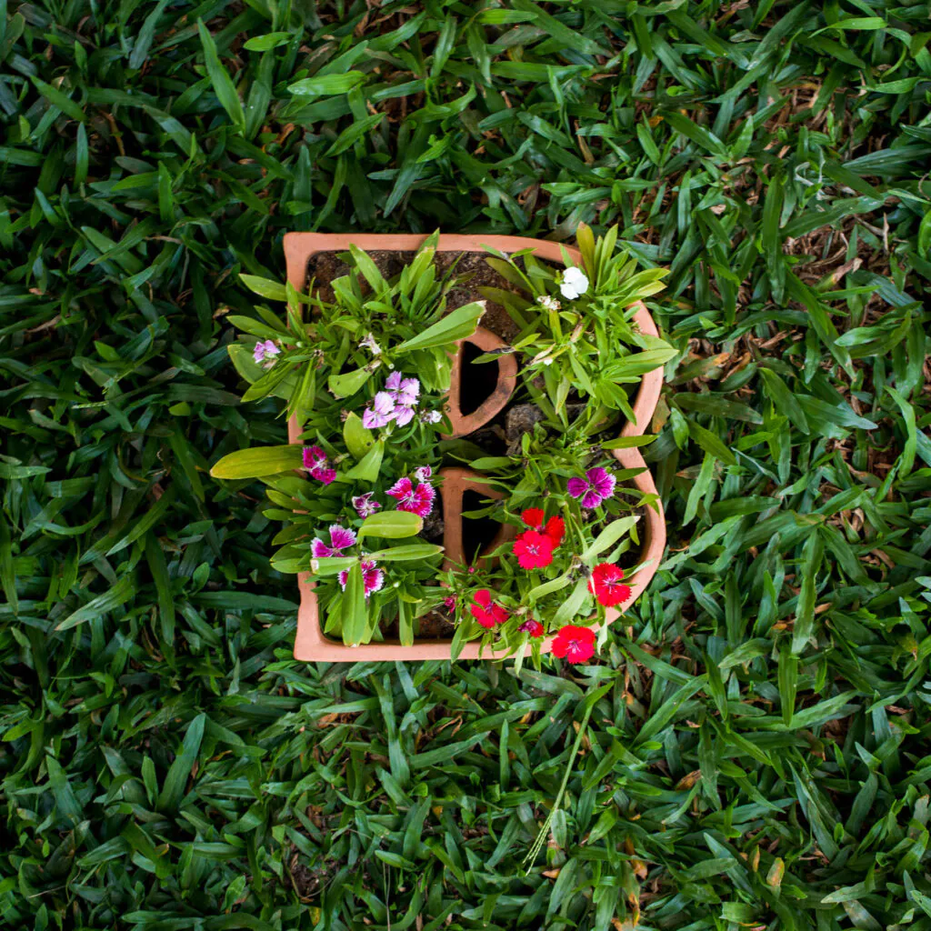 ​Marilá Dardot, A origem da obra de arte, 2002, [detalhe], 150 vasos de cerâmica em forma de letras, terra, sementes e instrumentos de jardinagem, dimensões variáveis. Foto: Pedro Motta